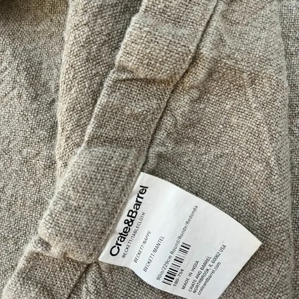 Crate & Barrel Round Linen Neutral Beckett Tablecloth 90